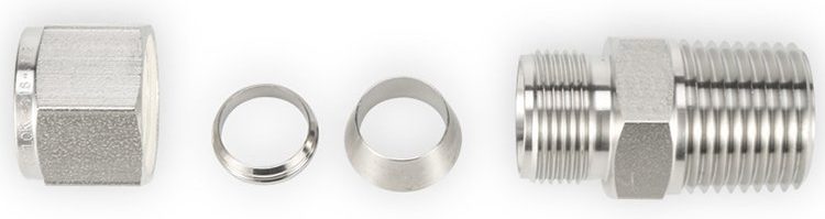 Disassembled double-ferrule tube fitting showing the nut, back ferrule, front ferrule, and body.