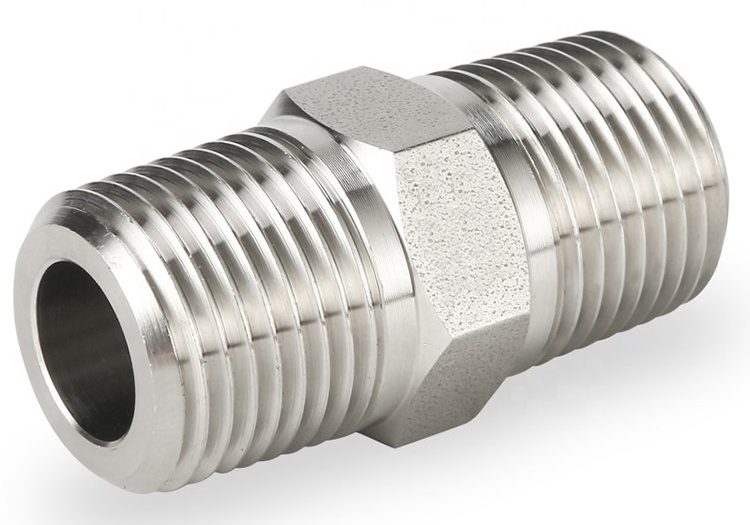 Stainless steel hex nipple with male pipe threads at both ends.