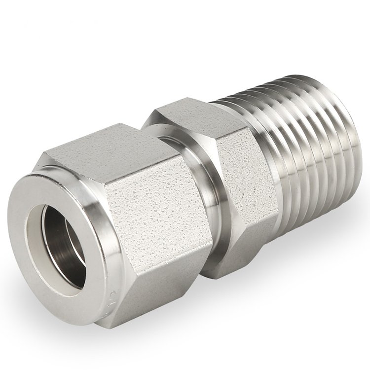 Tube connector with a compression nut on the left and a male threaded connection on the right.