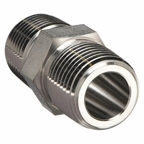 Hex nipple — Male threads at both ends with a central hexagonal wrenching section.