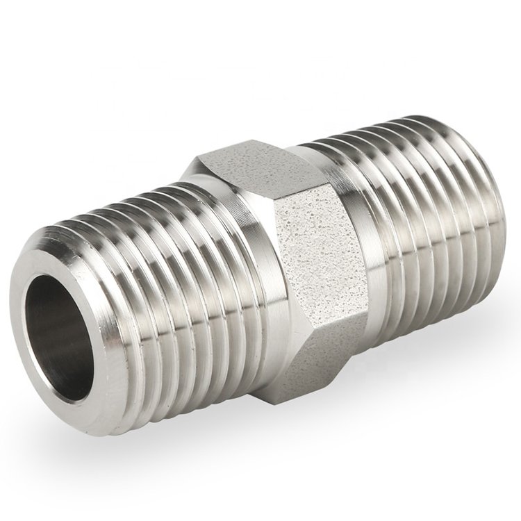 A hex pipe nipple with male threads at both ends and a central wrenching hex