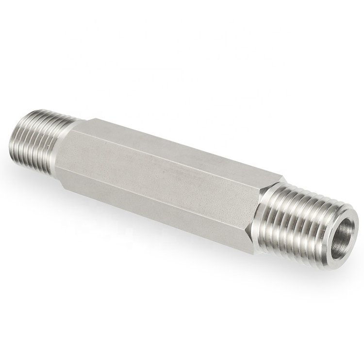 A long hex nipple with an extended body between the threaded ends.