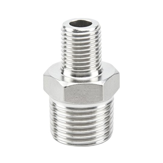 A reducing hex nipple has different connection sizes at its two ends.