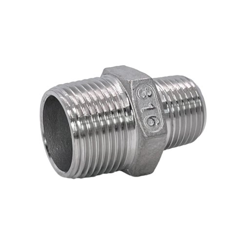 Reducing nipple — Different male thread sizes with a central wrenching hex.